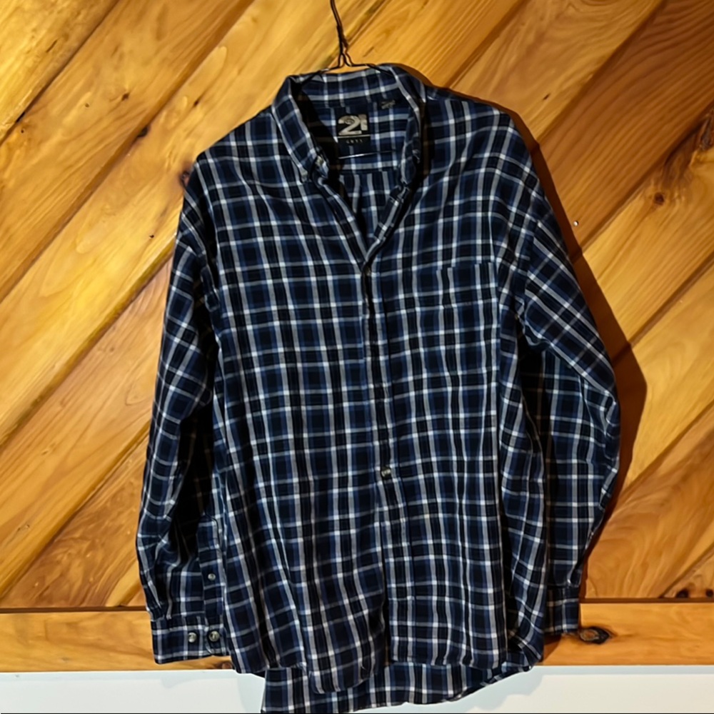 Blue and White Plaid Button-Up Shirt